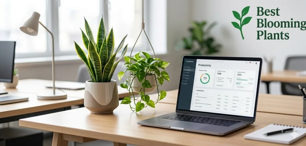 Best office plants and low maintenance desk plants on a modern workspace with Best Blooming Plants logo
