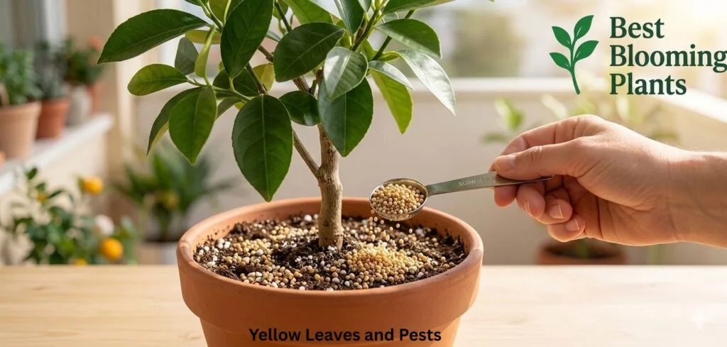 Applying citrus fertilizer to potted lemon tree with Best Blooming Plants logo