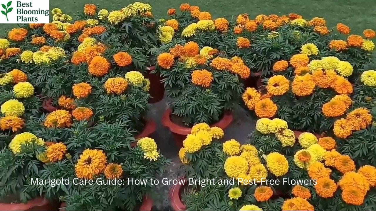Bright orange Marigold flowers in a garden bed