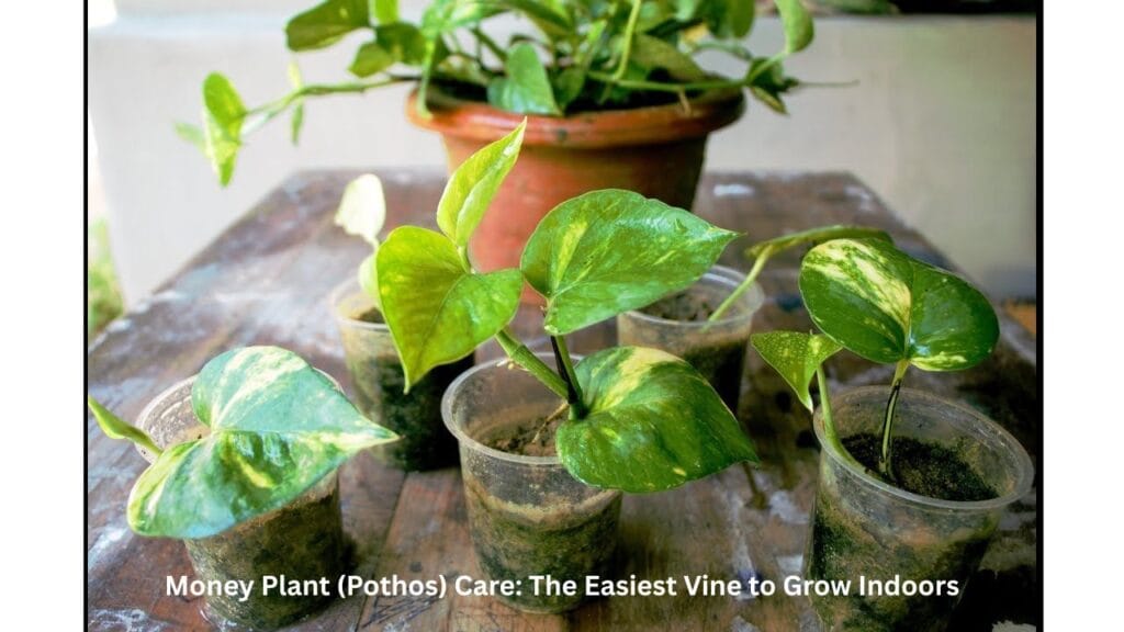 A lush green Money Plant vine trailing down from a bookshelf