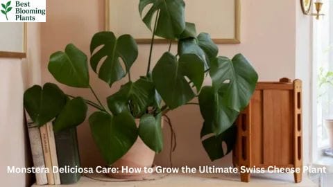 A large Monstera Deliciosa plant with beautiful leaf holes in a living room