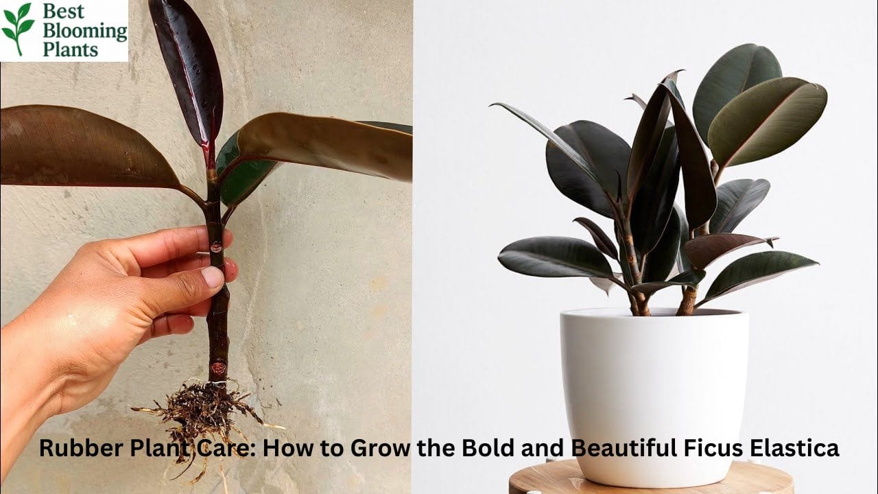 A tall Rubber Plant with shiny dark leaves in a modern living room