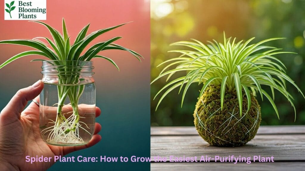 Healthy Spider Plant in a hanging basket with babies dangling down