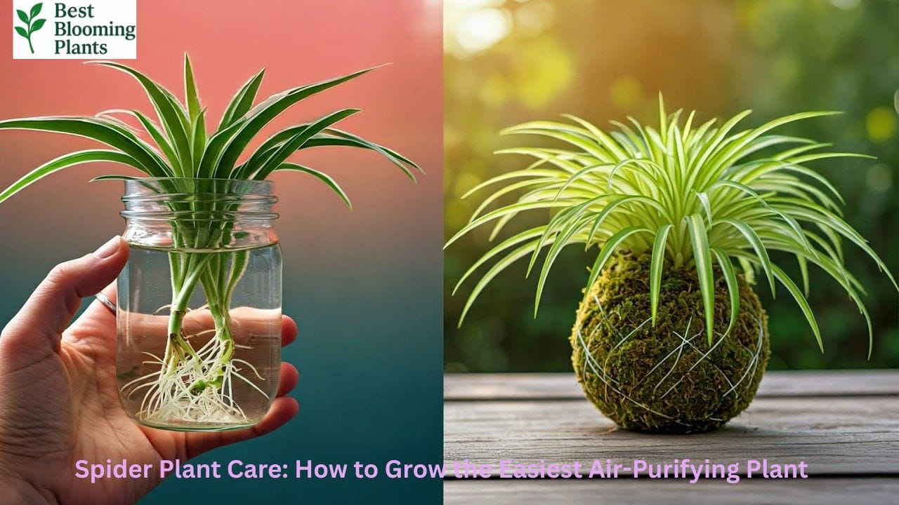 Healthy Spider Plant in a hanging basket with babies dangling down