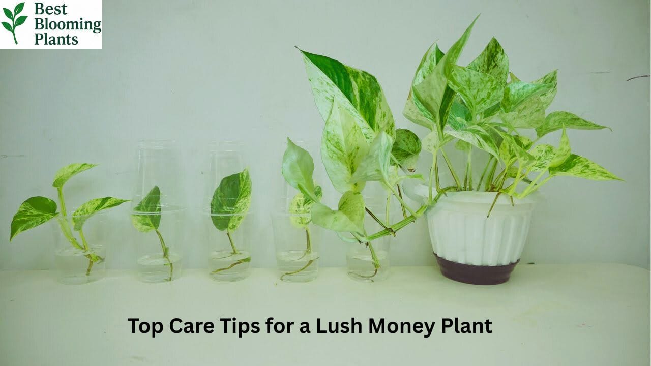 Heart-shaped leaves of a golden Pothos plant in a white pot