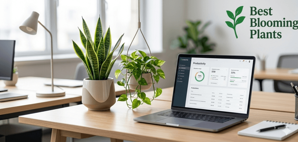 Best office plants and low maintenance desk plants on a modern workspace with Best Blooming Plants logo