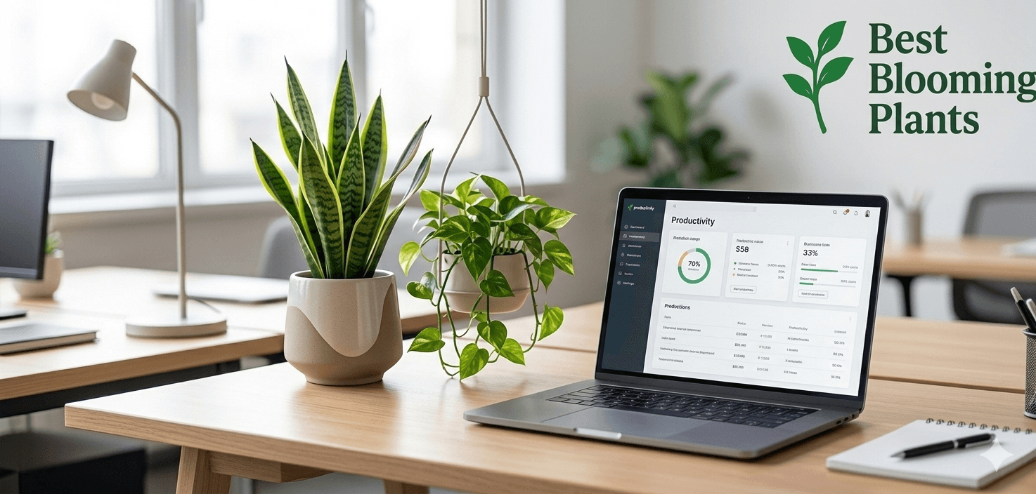 Best office plants and low maintenance desk plants on a modern workspace with Best Blooming Plants logo