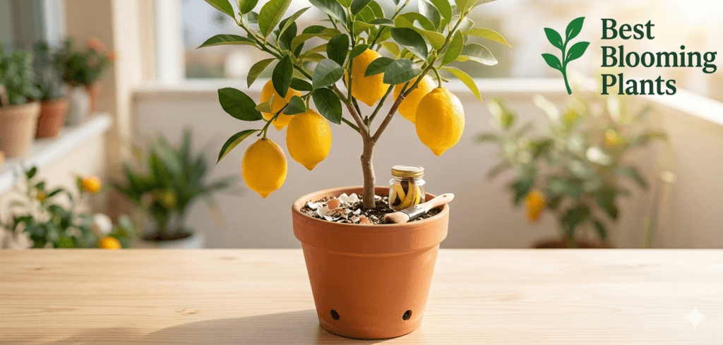 Close up of lemon tree flower pollination with Best Blooming Plants logo