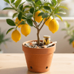 Close up of lemon tree flower pollination with Best Blooming Plants logo