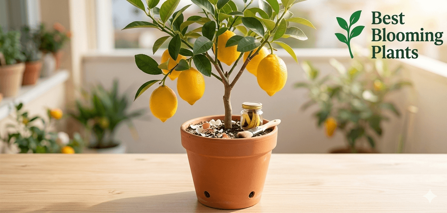 Close up of lemon tree flower pollination with Best Blooming Plants logo
