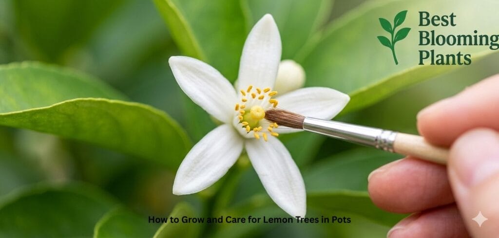 Close up of hand pollination of lemon tree flower with Best Blooming Plants logo