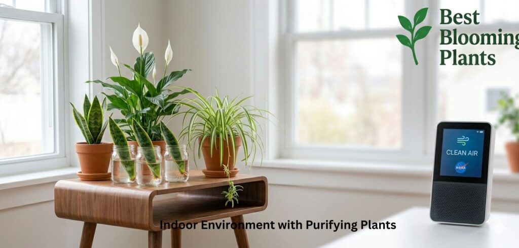 A modern, healthy living room with a cluster of air purifying plants and an air quality monitor, showing Snake Plants, Peace Lilies, and Spider Plants with Best Blooming Plants logo
