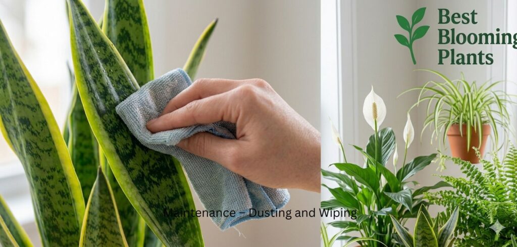 A hand gently dusting a Snake Plant leaf with a soft cloth, demonstrating maintenance for air purifying efficiency with Best Blooming Plants logo
