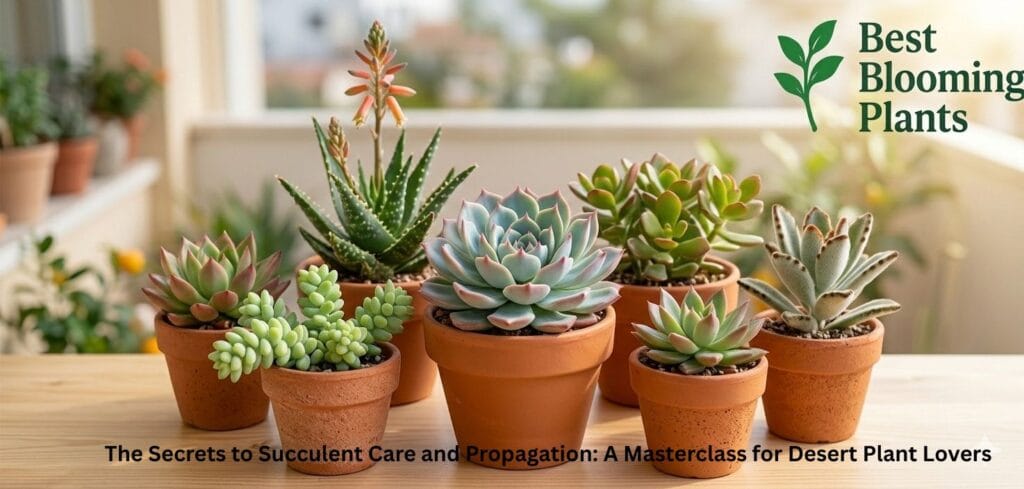 Vibrant succulent collection, Echeveria, Aloe, and Kalanchoe with Best Blooming Plants logo