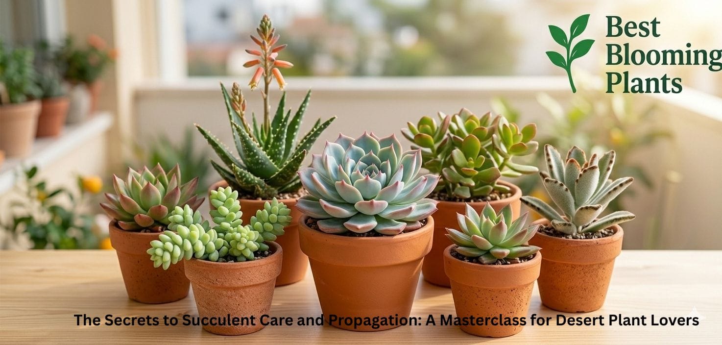 Vibrant succulent collection, Echeveria, Aloe, and Kalanchoe with Best Blooming Plants logo