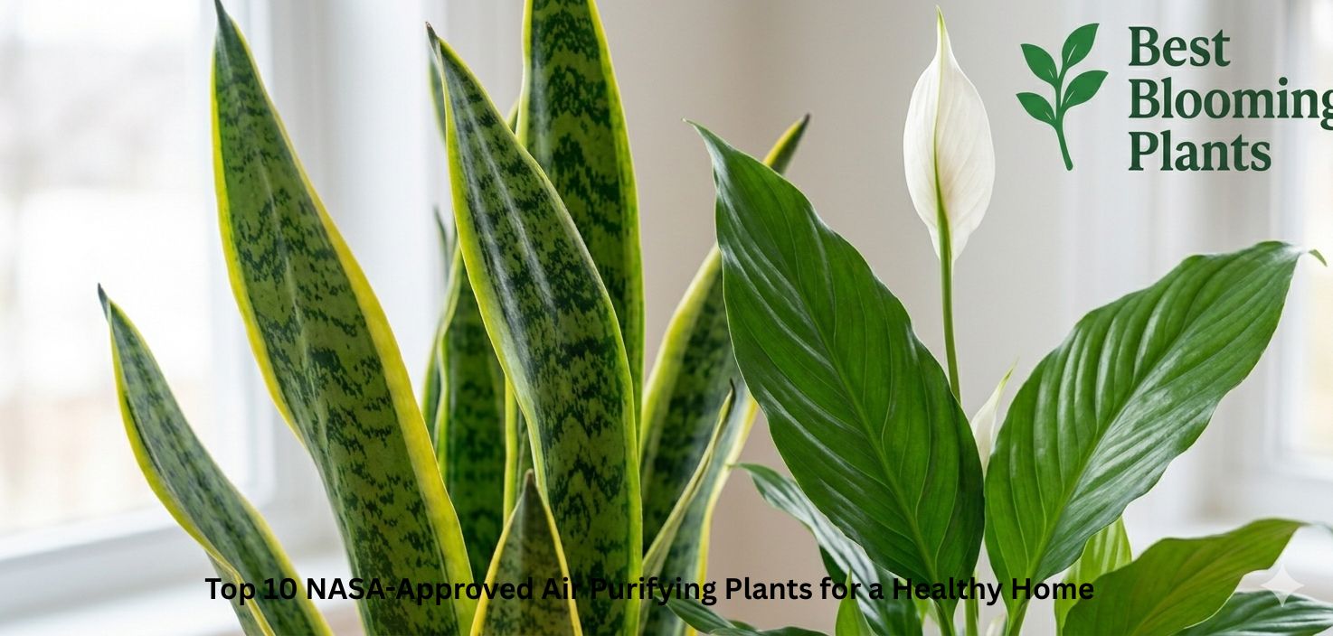 Close up of Snake Plant and Peace Lily leaves, showcasing air purifying plant detail with Best Blooming Plants logo