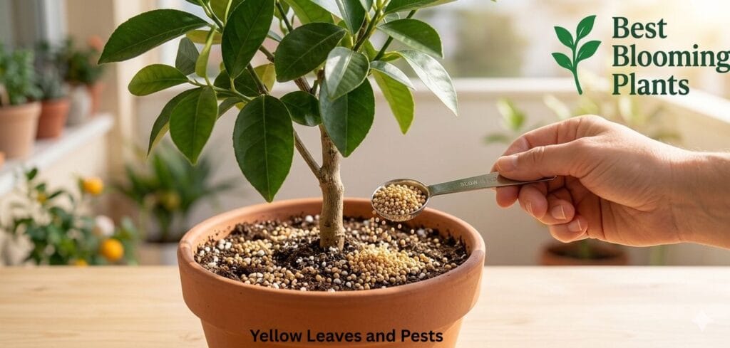 Applying citrus fertilizer to potted lemon tree with Best Blooming Plants logo