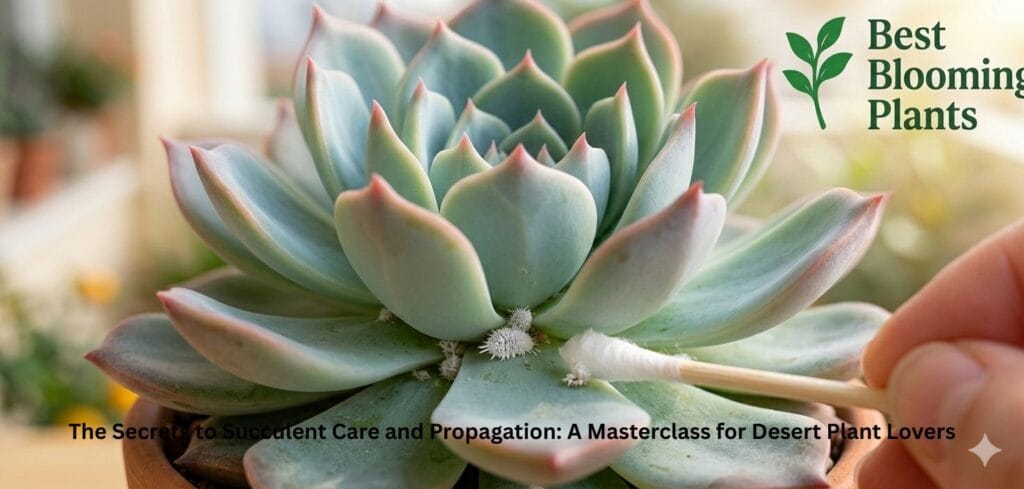 Identifying mealybugs on a succulent rosette with Best Blooming Plants logo