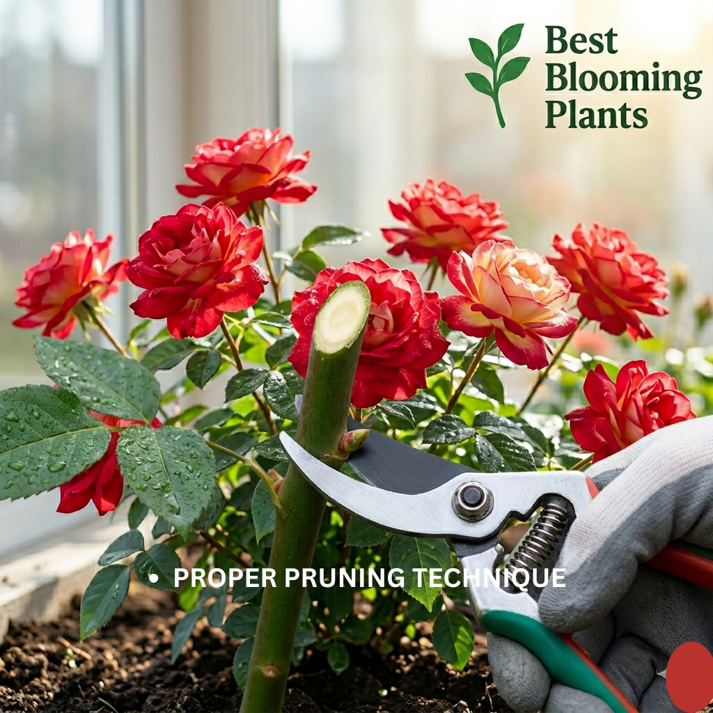 Gardener pruning roses with shears.