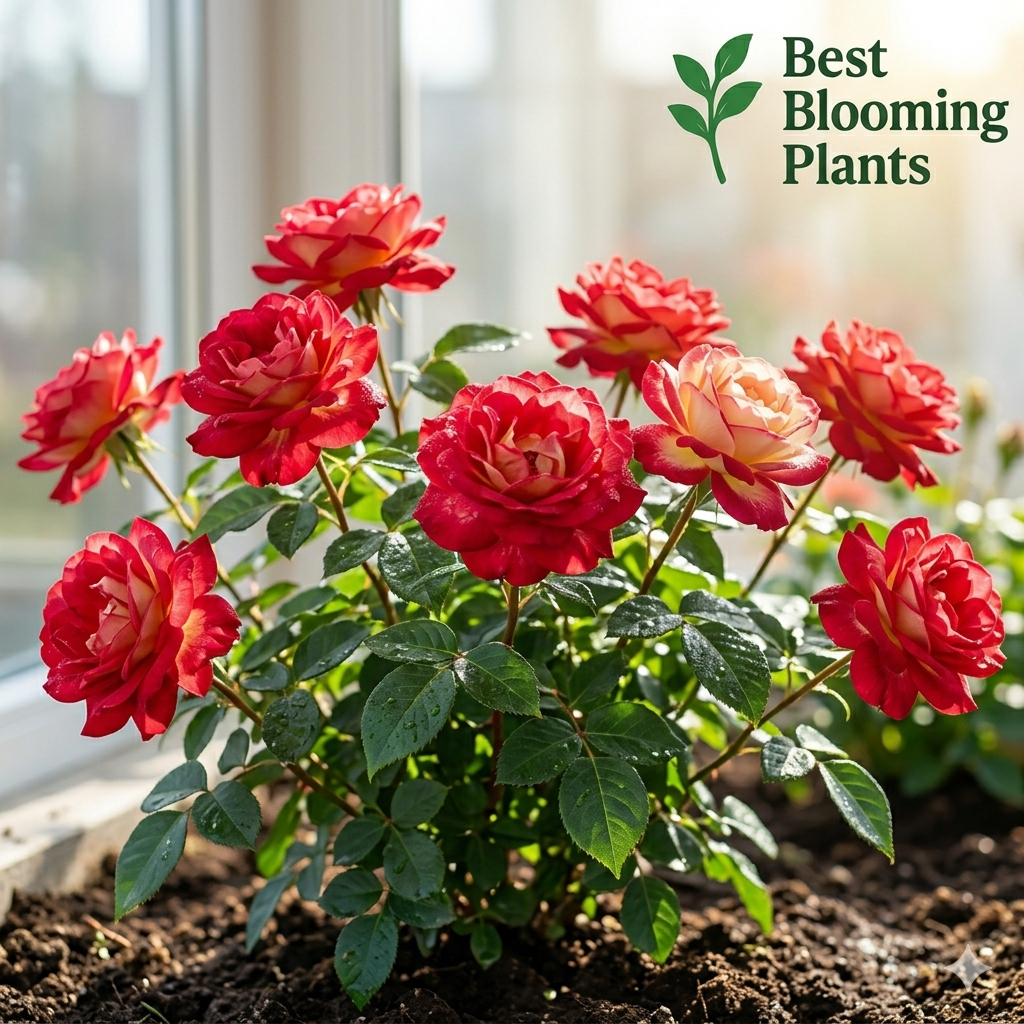 Hybrid Tea Rose Double Delight bush in a sunny garden spot with Best Blooming Plants logo